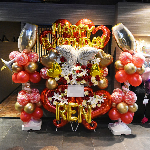 レッド＆ゴールドカラーのデラックスバルーンスタンド - ハピバル